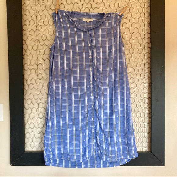 NWOT Loft Blue Plaid Button-Up Sleeveless Shirt Dress. Comfy. Beachy. Casual. - Picture 2 of 6